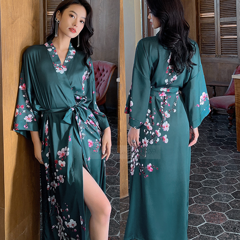 Albornoz tipo kimono largo con estampado de flores para mujer, bata de boda Sexy de media manga, camisón de rayón para primavera y verano, vestido para casa, ropa de dormir: Azul cielo