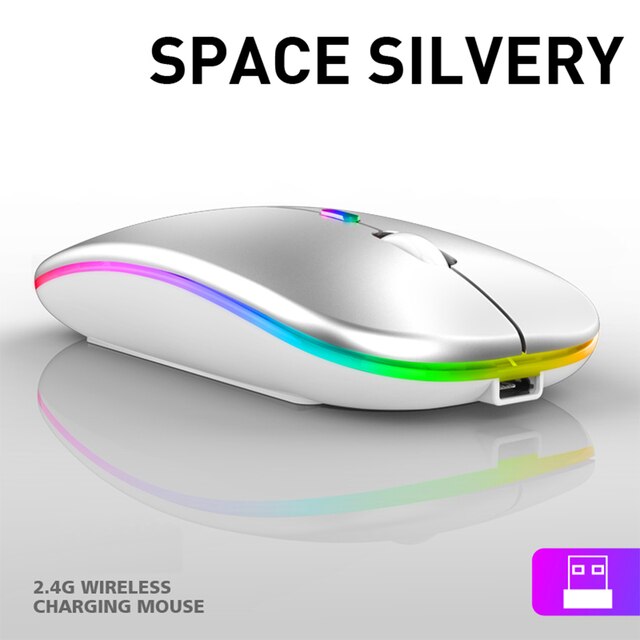 2.4G+ Bluetooth 5.0 Wireless Mouse Optical tracking Dual Mode Rechargeable RGB Mouses Button Mute 1600DPI PC Mouse: 2.4G silver