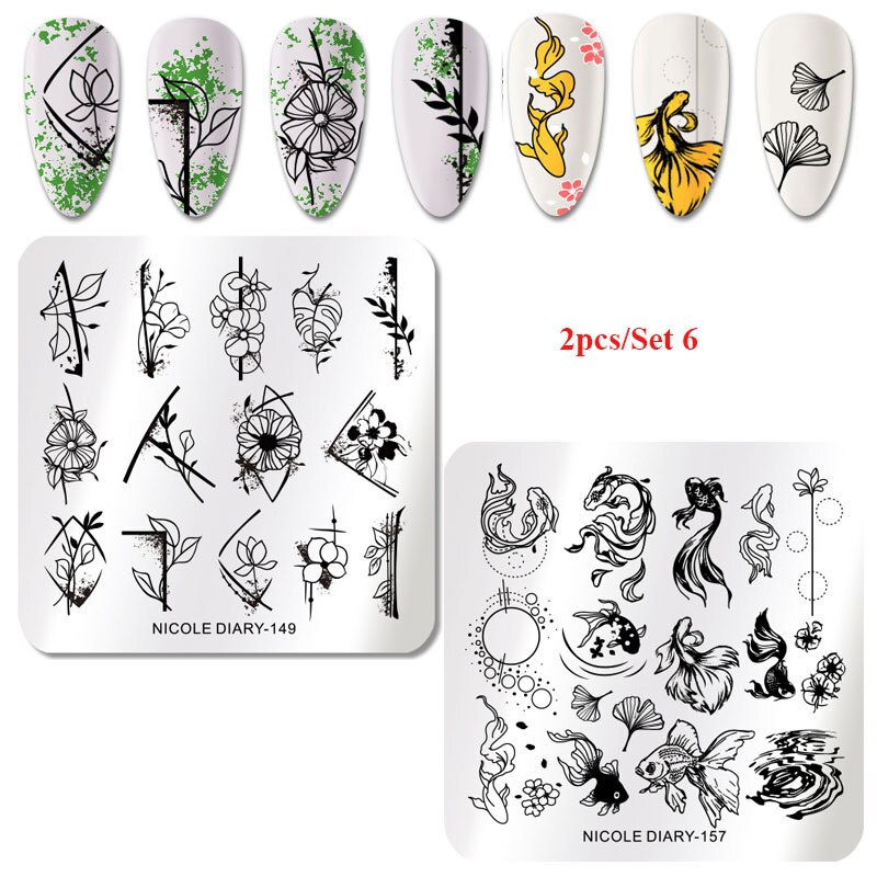 2Pcs Nicole Dagboek Nail Stempelen Platen Lente Bloem Rechthoek Rvs Nail Image Stencils Stempelen Template Tool: 2pcs set 6