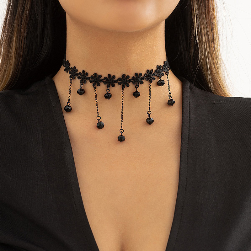 Gothic Victorian Black Lace Necklace Women Girl Boho Crystal Tassel Sexy Choker Steampunk Dark Loli Style Halloween Jewelry: Blue Zinc Plated