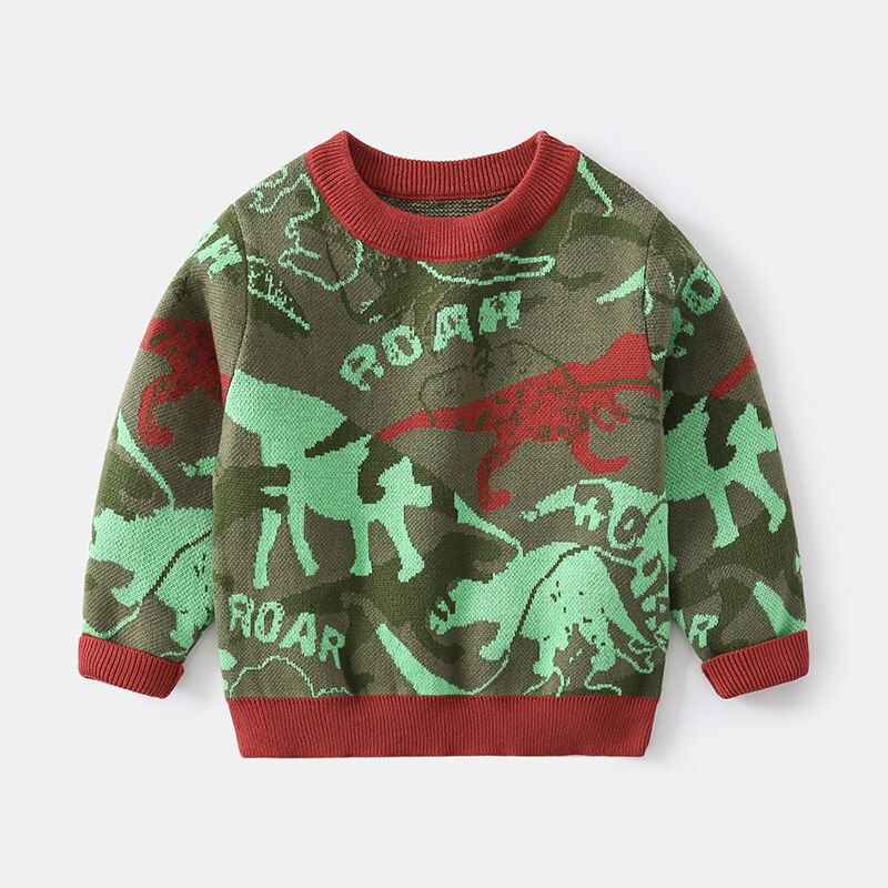 Herfst Jongens En Meisjes Trui Dinosaurus Patroon Bovenkleding Casual Stijl Mode Dikke Warme Lange Mouwen Gedrukt Trui Truien: Army Green / 5T