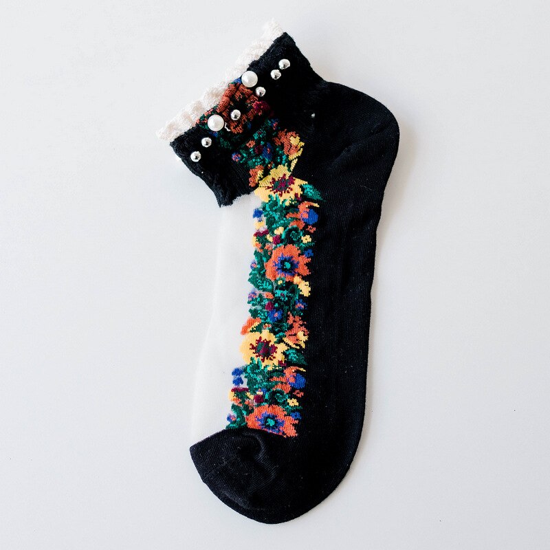 Spring Summer Retro Ankle Socks Pearl LIttle Floral Sock Mesh Patchwork Breathable Cotton Scck Cute Soft National style Hosiery: Black