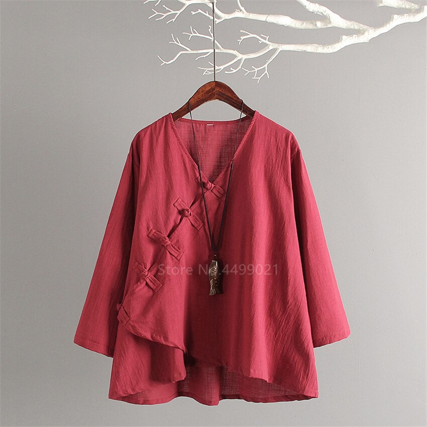 Traditional Chinese Women Tops Retro Casual Solid Linen Tea Set Breathable Tai Chi Hanfu Full Sleeve Buckle Tops Trousers: Wine Red Shirt