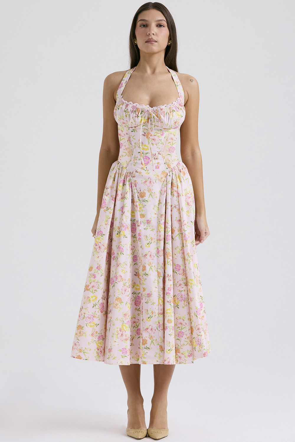 Vintage blomstret halterneck midi sommerkjole dame højtaljet pink blå sort rød kjole sommerkjoler kvinde fødselsdagskåbe: Xl / Grå