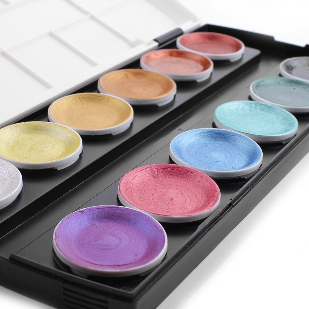 Juego de acuarelas metálicas, 12 colores, pintura dorada, acuarela con pincel de agua para pintar, suministros de arte del pigmento