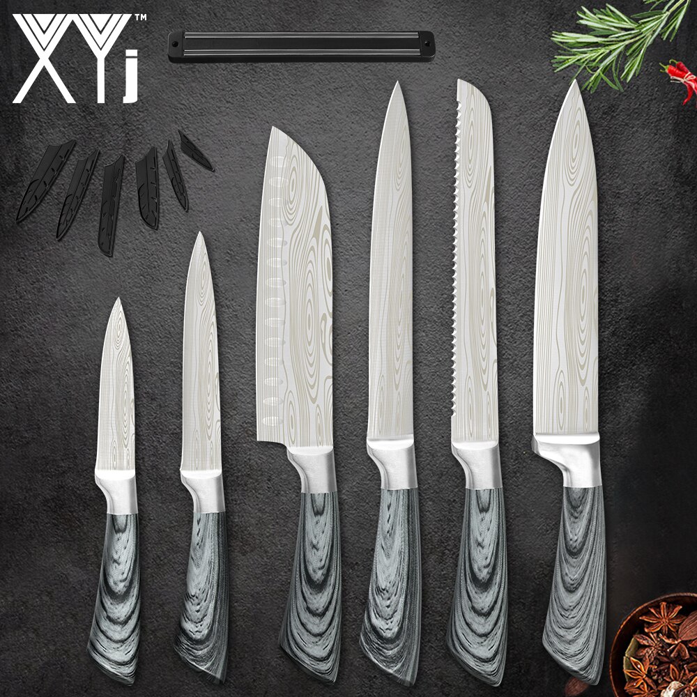 Xyj 8 stk kjøkkenkniver verktøy sett kniv oppbevaringspose 8 '' kokk skiver brød hakking verktøy stekekniv fiskekjøtt matlagingsverktøy: 6 og 1 holder