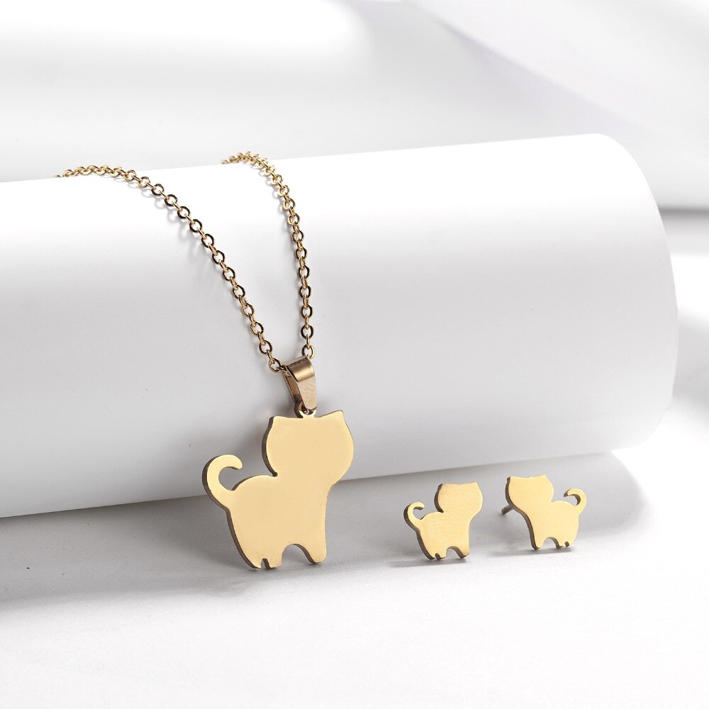 RINHOO – ensemble de bijoux en acier inoxydable pour femme, collier et boucles d'oreilles, motif chat, cheval, fleur Rose, or, à la