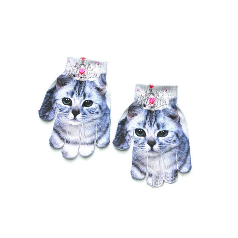 Guantes estampados en 3D para niños y niñas, con dedos, guantes cálidos de invierno, pintados con dibujos animados, 7 a 11 años: Cat crown