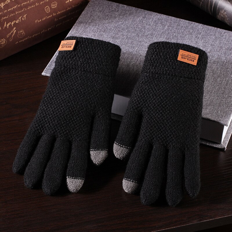 Warm Knitted Gloves For Men Outdoor Skiing Fishing Mittens Winter Touch Screen Game Glove Fleece Plush Mittens Thicken Mitt: Black Rhombus