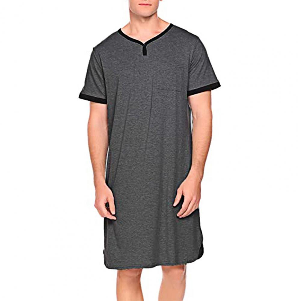 Gewaden Mannen Korte Mouw O Neck Pocket Nachthemd Losse Knielange Nachtjapon Homewear