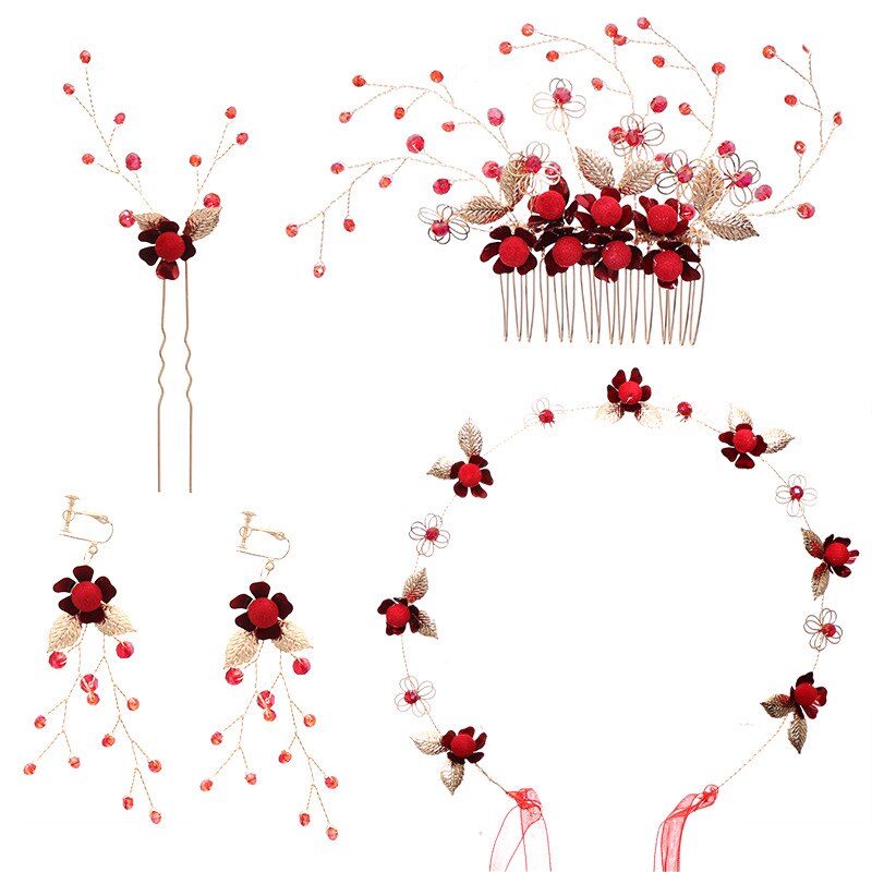 FORSEVEN Bride Noiva Wedding Party Women Girl Red Flower Tiaras Crowns Headband Hair Combs Hairpins Earrings Jewelry Sets