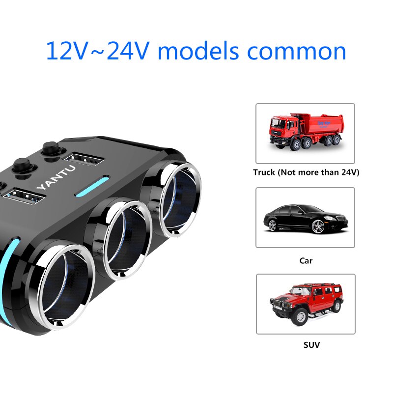 Podwójny Port USB 3 sposób gniazdo zapalniczki samochodowej rozgałęźnik ładowania przejściówka adapter DC 5V 1A + 2.1A gniazdo zapalniczki czarny dla