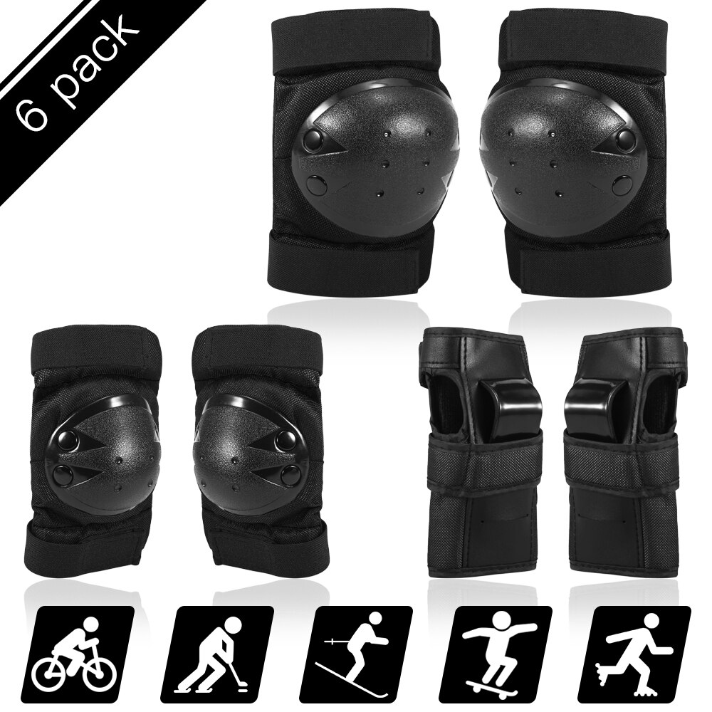6 In 1 Beschermende Gear Set Knie Elleboog Pols Pads Guards Kids/Volwassenen Scooter Schaatsen Fietsen Sport Veiligheid Bescherming pads: Black / S