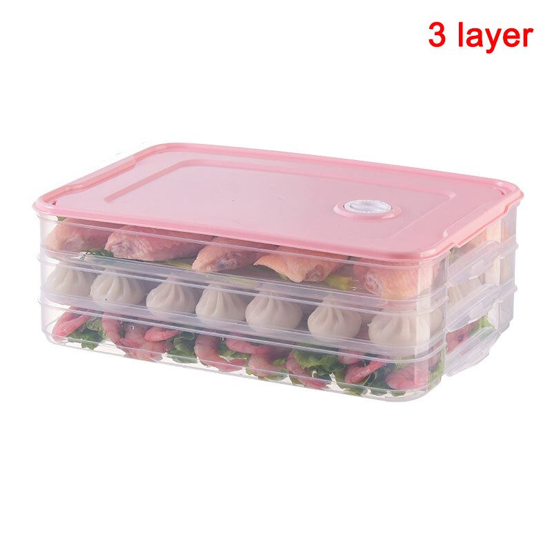 Container Airtight Food Preservation Tray Refrigerator Dumplings Storage Organizer Box with Lid FAS: pink-3 layers