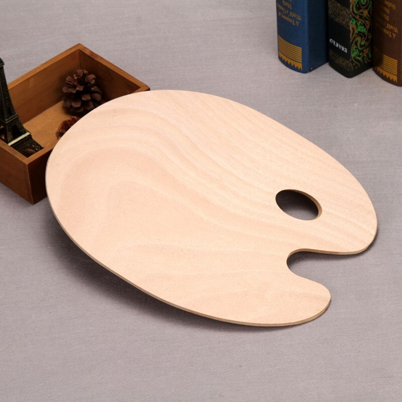 Wooden Smooth Paint Flat Tray With Thumb Hole Oval Artist Palette Pallet For Acrylic Watercolor Oil Painting Art Supplies