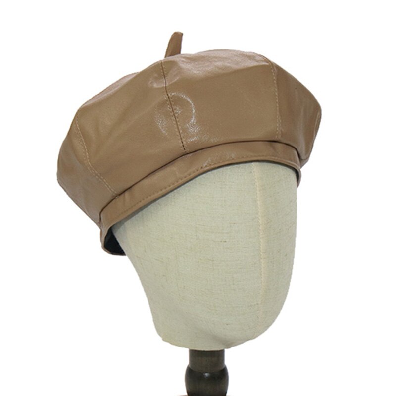 Moda kobiety PU skórzane berety damskie czarne płaskie beret kapelusz jesień zima artysta kapelusze hurtownia: khaki