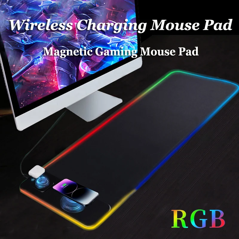 Tapis de souris lumineux rvb, charge magnétique sans fil, chargeur de téléphone, tapis de souris de jeu, ordinateur de bureau, ordinateur portable, tapis de souris
