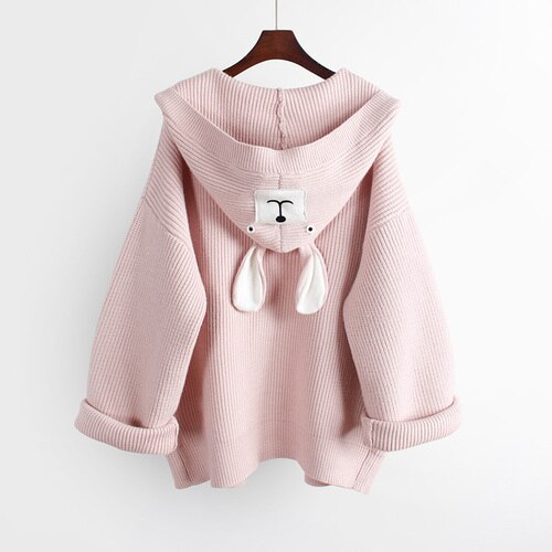 Neploe, suéter de punto con capucha para mujer, aplique de dibujos animados, abrigo de ropa de punto larga medio suelto, Otoño Invierno , punto abierto: pink