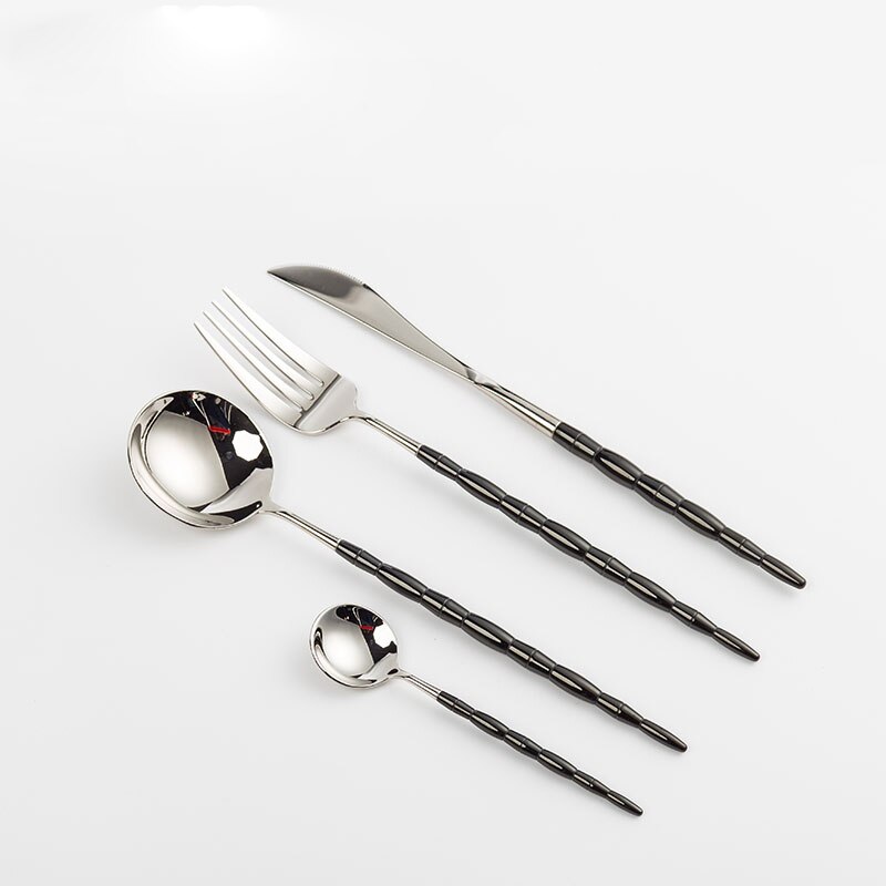 Europæisk bambus bestik kniv gaffel og ske sæt 304 rustfrit stål bøf kniv og gaffel husholdning tallerken kaffeske: Flis og sort