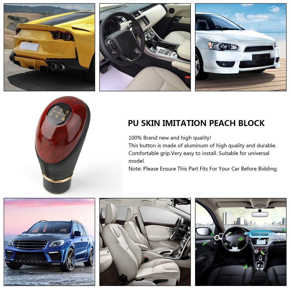 Gearhoved træ pu læder universal bil lastbil 5 gears manuel gear stick knap skift glans sælger#