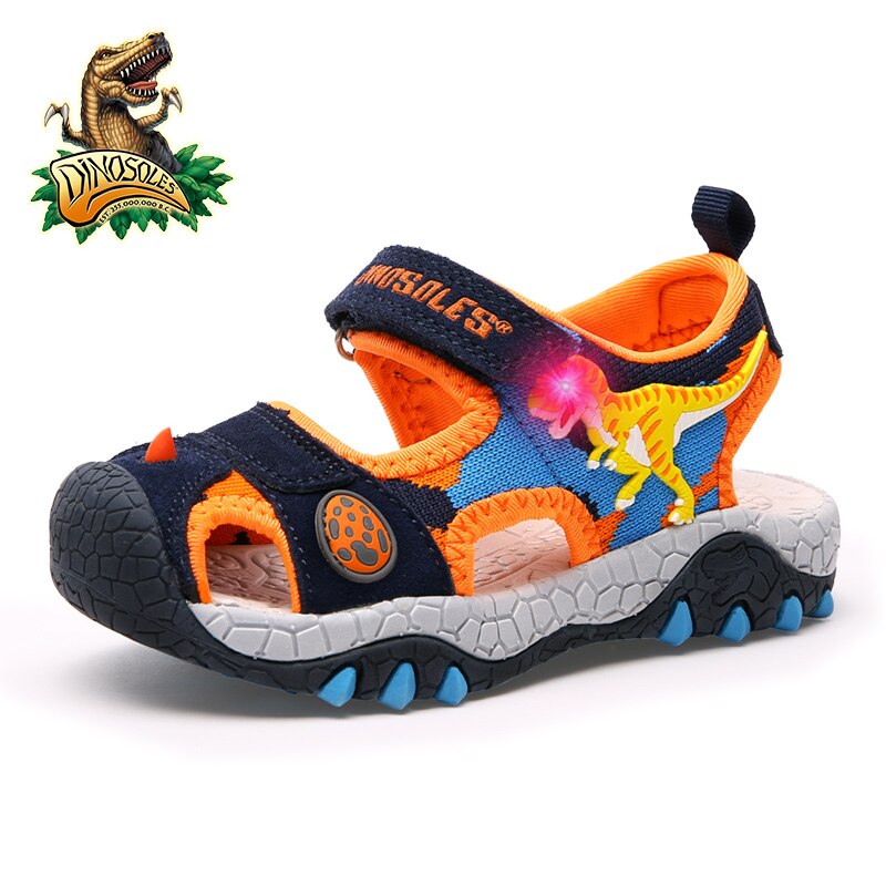 Dinoskulls sommarskor pojke lyser upp läder barn sandaler 3d dinosaurie barn strandskor led barn toddler sandaler: Mörkblå / 32
