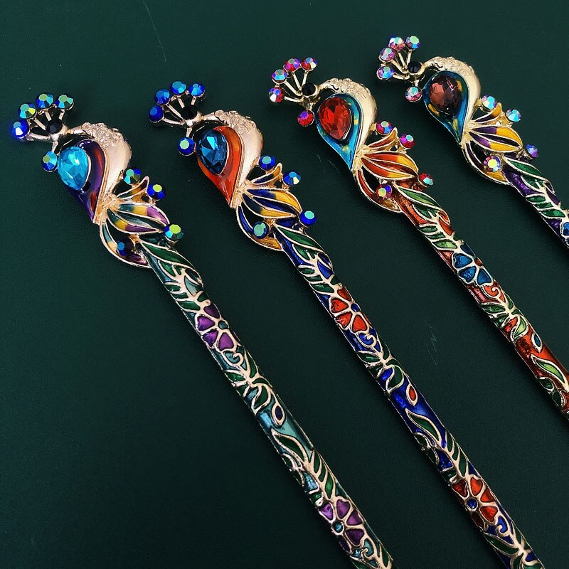 Muylinda retro Frauen Cloisonné Emaille Kristall Pfau Haar Stock Haarnadel Chinesischen Stil Handgemachte Haar Zubehör