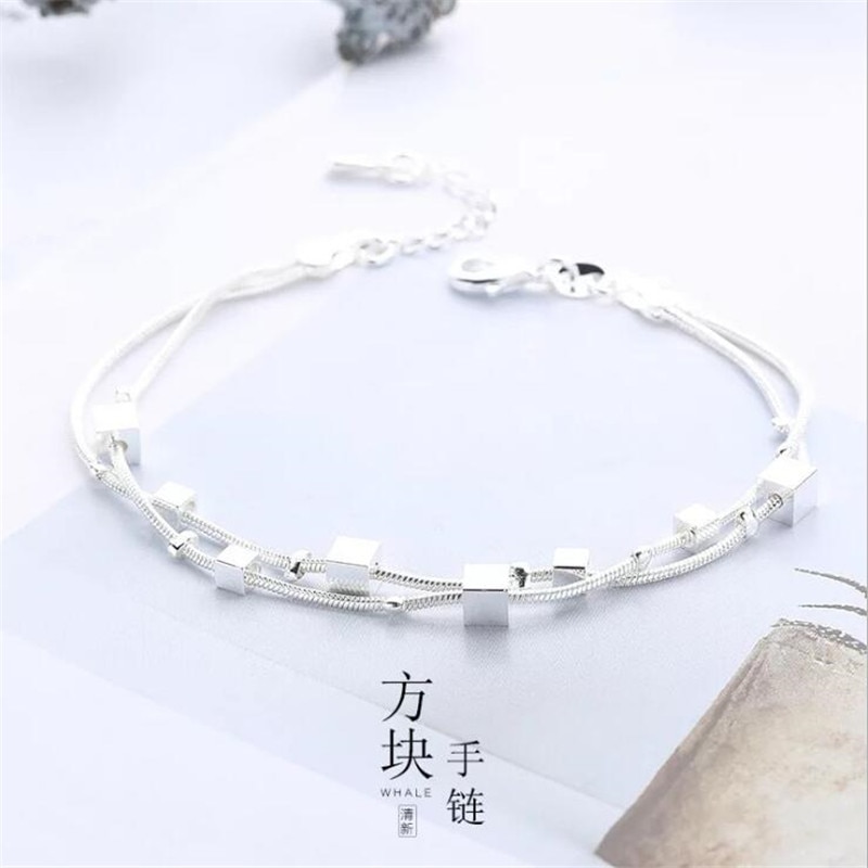 Atmosphere 925 Sterling Silver Jewelry Sweet Simple Multi-layer Box Female Personality Bracelet SB21