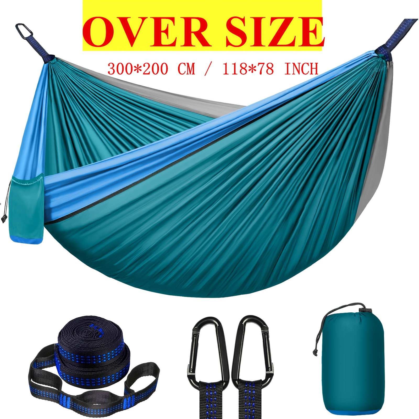 Hamac de camping double extra large, 3 m x 2 m (300 x 200 cm), comprend deux sangles d'arbre de 2 m, deux crochets en acier inoxydable en forme de D: Black