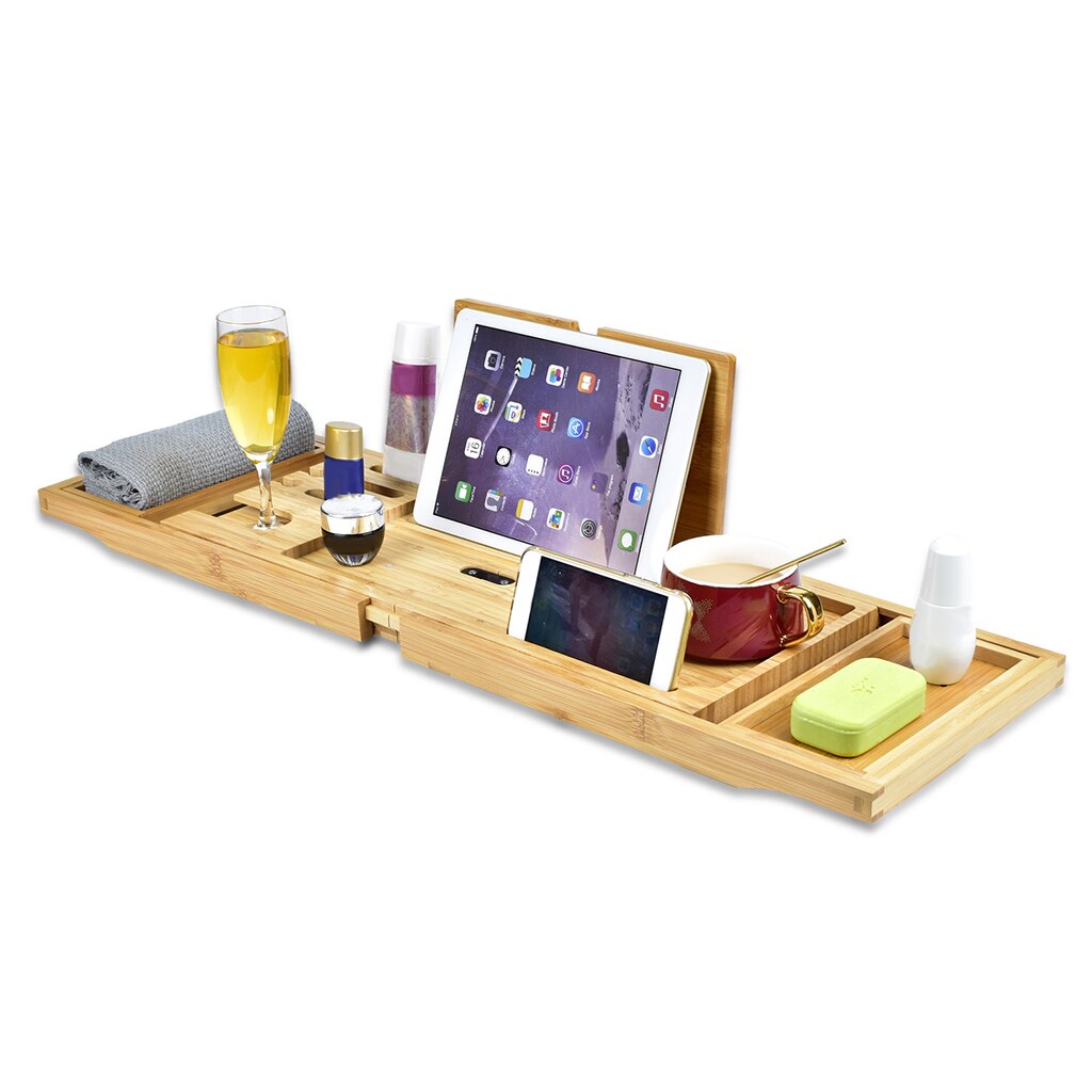 Expandable Wooden Bath Caddy Tray Wooden Tub Tray Wine Glass Holder Wooden Bathtub Bridge Shelf Organizer Tray