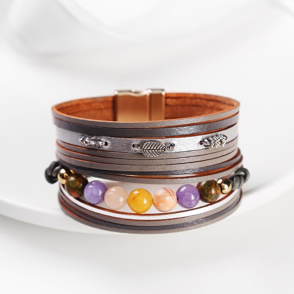 WYBU – Bracelet en cuir multicouche, avec fermoir magnétique, perles, corde, pour femmes et filles: SF813