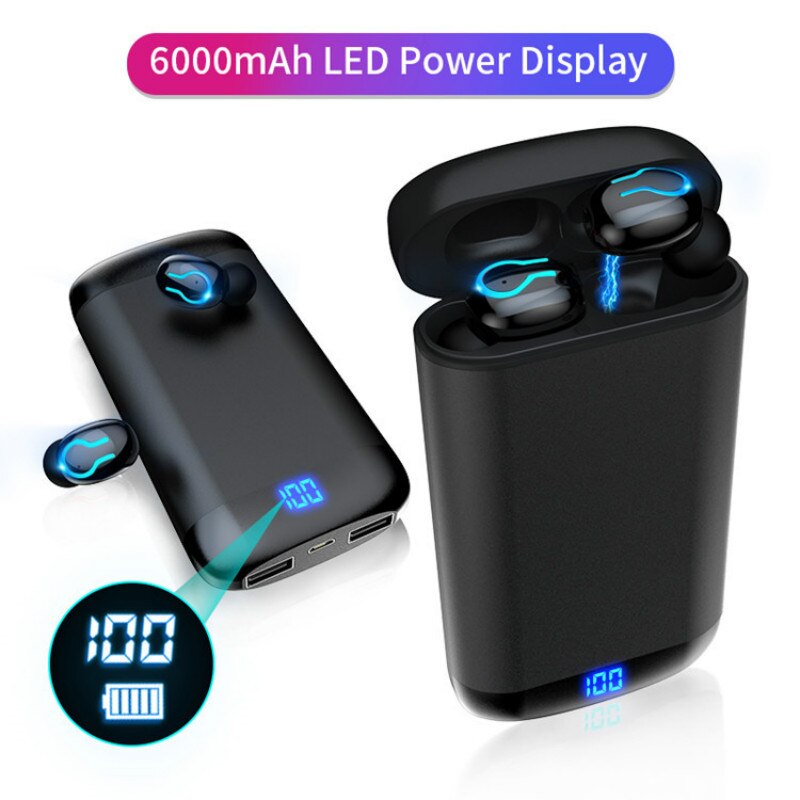 Auricolari Bluetooth V5.0 Lieve Wireless - Custodia di Ricarica 6000mAh - Cuffie Sport Impermeabili HD Stereo Dual Mic