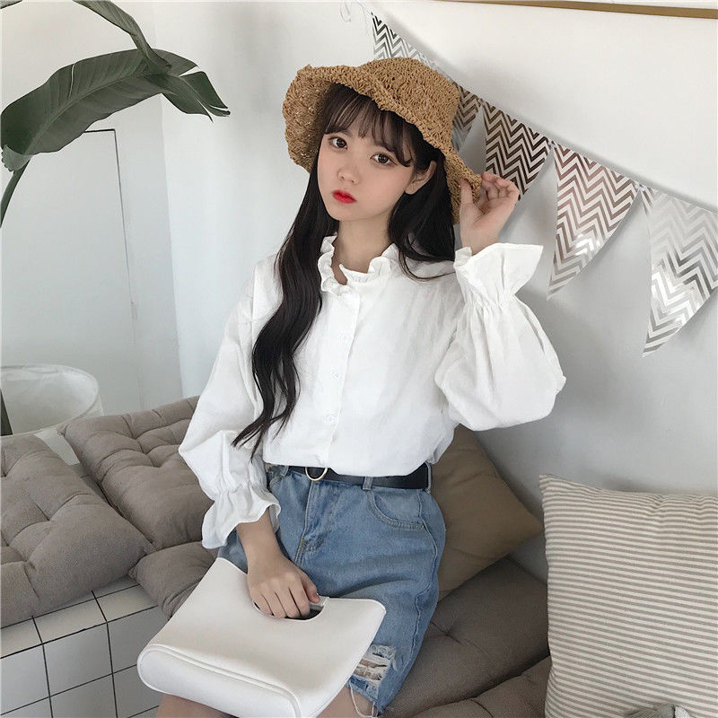 Flæse hvid skjorte oversize pufærmer top kvinder koreansk krave skjorte tøj løs bluse femme casual