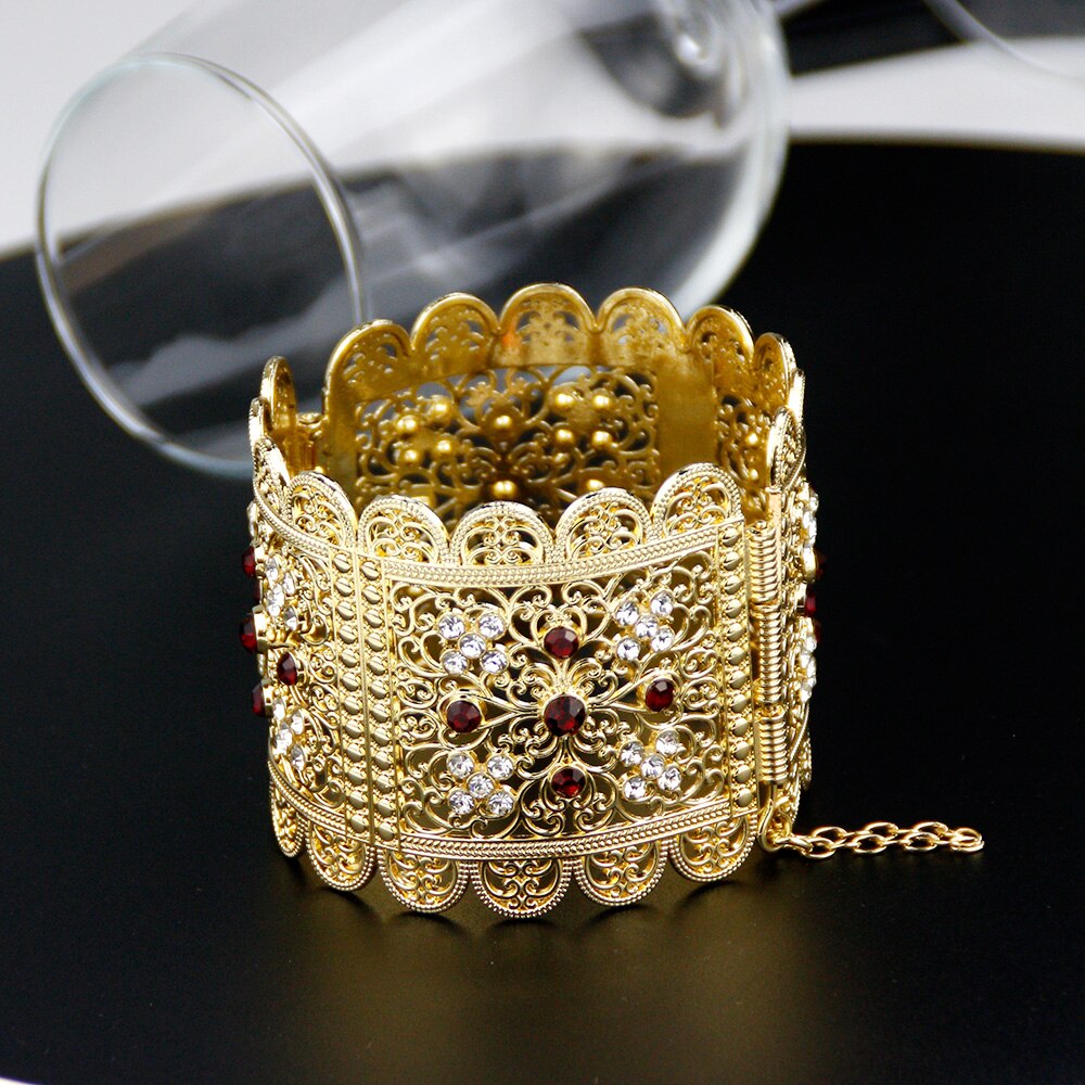 Sunspicems – Bracelet algérien marocain pour femmes, couleur or, grande taille, manchette en fleur de cristal, ethnique indienne, bijoux de mariage