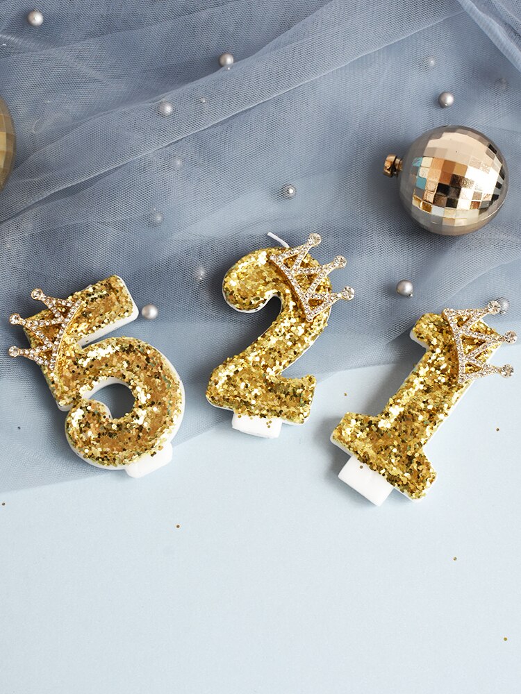 Yellow Pink Candle Sequins Shiny Crown Number 0-9 Cake Topper Insert For Girl Birthday Party Dessert Table Wedding Day