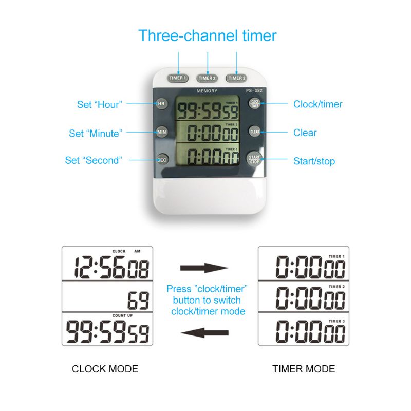Eectronic 3 Channel Timer Countdown Clock 99 Hours Digital 12/24 Hour Reminder U4LA