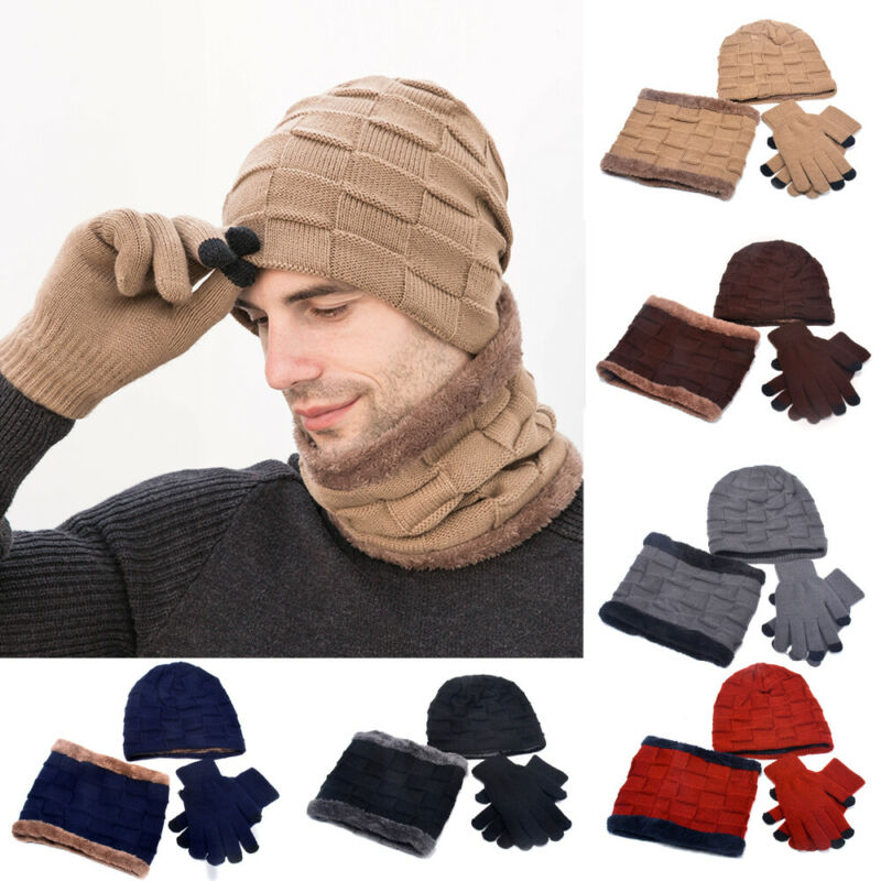 mannen Vrouwen Winter Warm 3 Delige Set Gebreide Beanie Muts Sjaal Touchscreen Handschoenen Sets