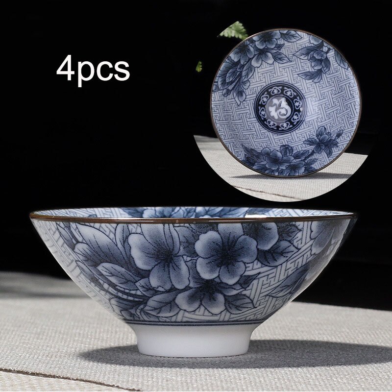 4 Stks/set Blauw En Wit Porselein Kopje Thee, Handgeschilderde Kegel Theekopje, Chinese Stijl Patroon Theekopjes, thee Accessoires Puer Cup Set: 08