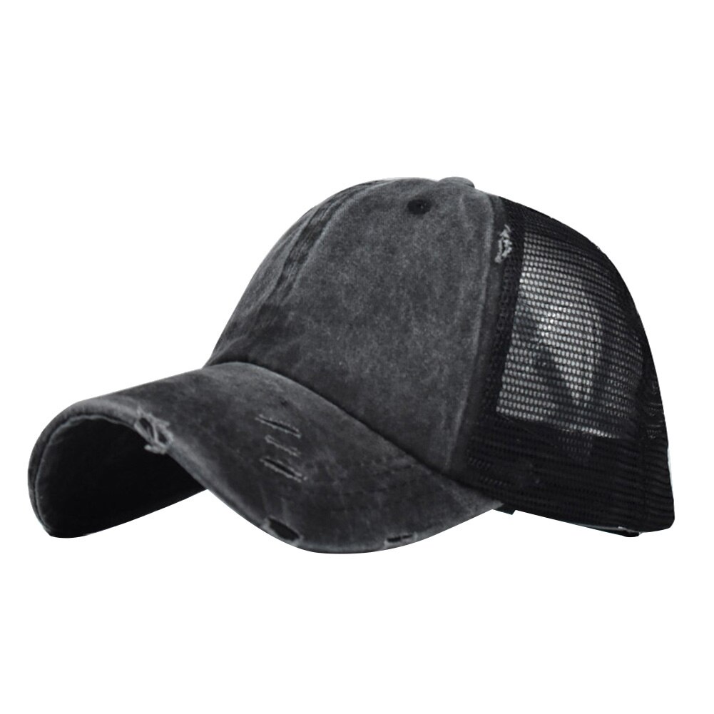 Kvinder flået anti uv mesh hestehale hat justerbar udendørs sport baseball cap justerbar bred ramme hestehale revet baseball cap: Sort