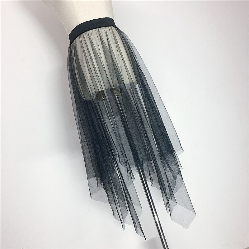 Summer Women Mesh Lace Skirts Women Casual Tulle Skirt High Waist Elastic Transparent Asymmetry black Skirt Overskirt: N3 Black