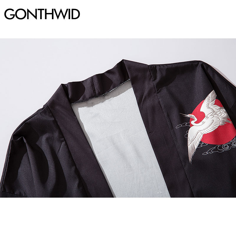 Gonthwide harajuku krantryk japansk stil kimono cardigan haori jakker streetwear afslappet åben frontfrakker hip hop jakke
