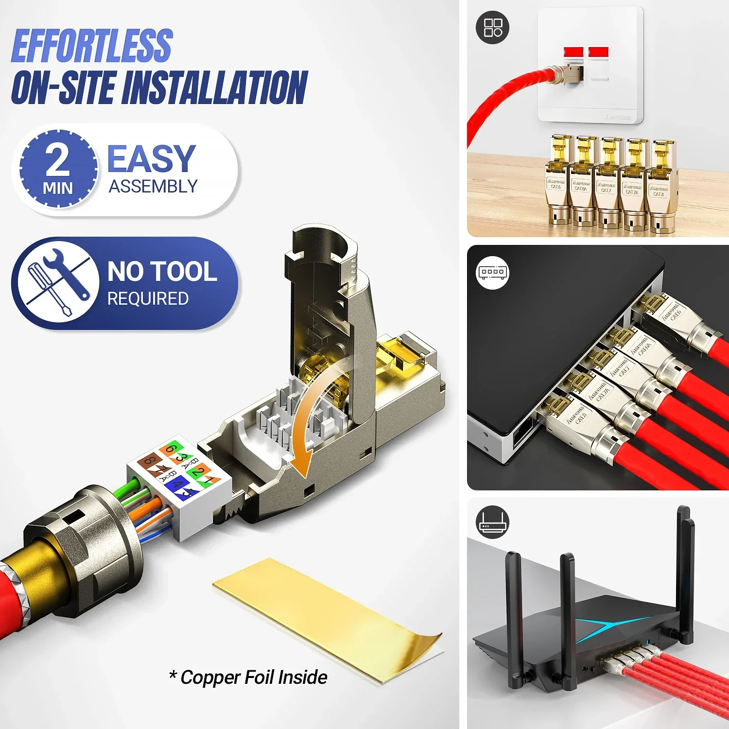 Conector AMPCOM RJ45 sin herramientas, enchufes de terminación reutilizables sin herramientas CAT8/7A/7/6A/6 enchufe Modular de campo Ethernet blindado
