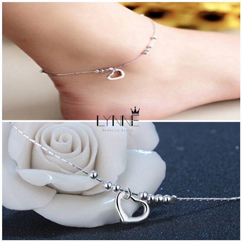 Heart Pendant Anklet 925 Sterling Silver Ladies Love Heart &amp; Bead Anklets Bracelet Foot Chain For Women Jewelry