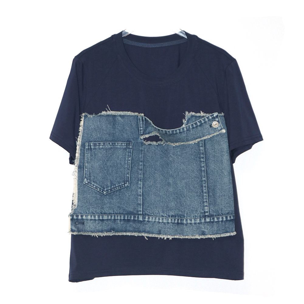250301 Frauen Blau Denim Farbe-Block verlieren T-Shirt Neue O Hals Kurzarm Flut Frühling Sommer 2025,: Blau