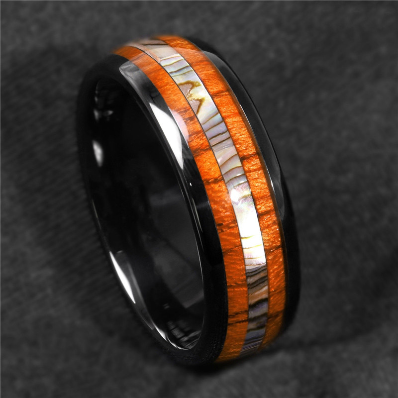 FDLK 8mm Black Stainless Steel Ring Koa Wood Abalone Wedding Band Men’s Jewelry