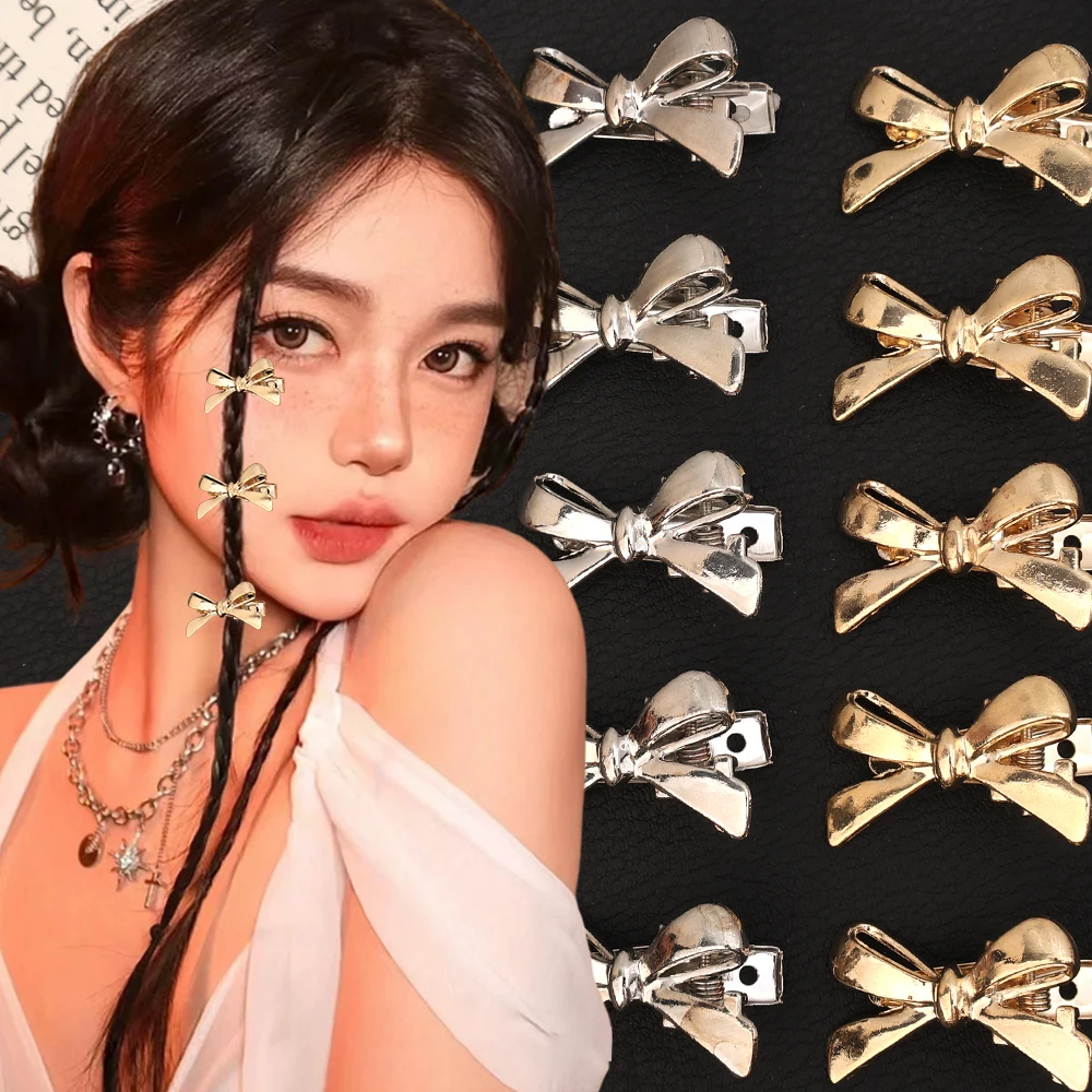 Korean Sweet Cool Y2K Girls PU Bow Hairpin Korean Personality Silver Leather Hair Clip Female Hair Accessories