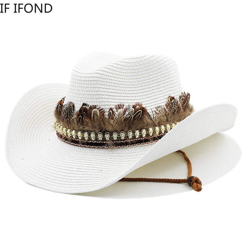 Hand Made Straw Western Cowboy Hat For Women Men Summer Curling Brim Beach Sun Hats Panama Cowgirl Jazz Cap