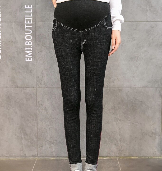 Envsoll forår efterår mave skinny barsel jeans bomuld justerbar talje blyant graviditet bukser tøj til gravide kvinder: Sort / Xxl