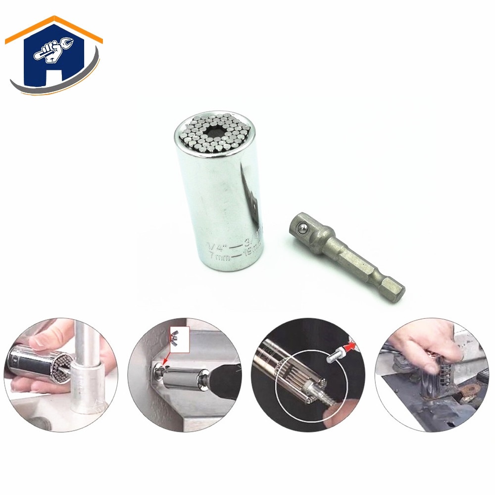 HS Tools Universal Socket Gator Grip 7-19mm CR-V Material Multi Function Ratchet 3/8" 6.35mm Shank Drill Adapter Hand Tools set