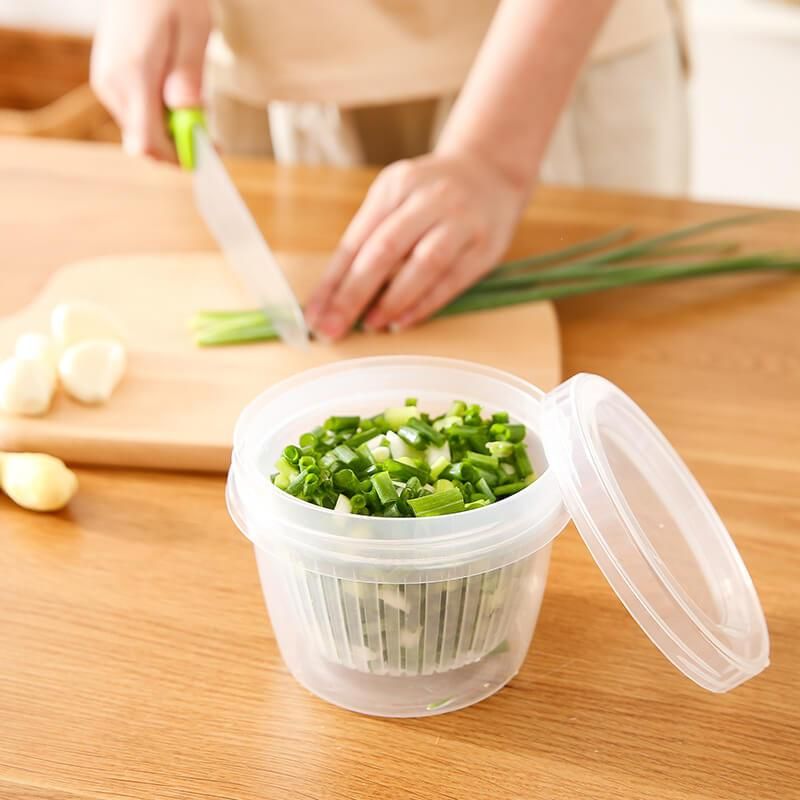 Double-layer chopped green onion storage box transparent sealed drain onion ginger minced garlic refrigerator can be ingredients