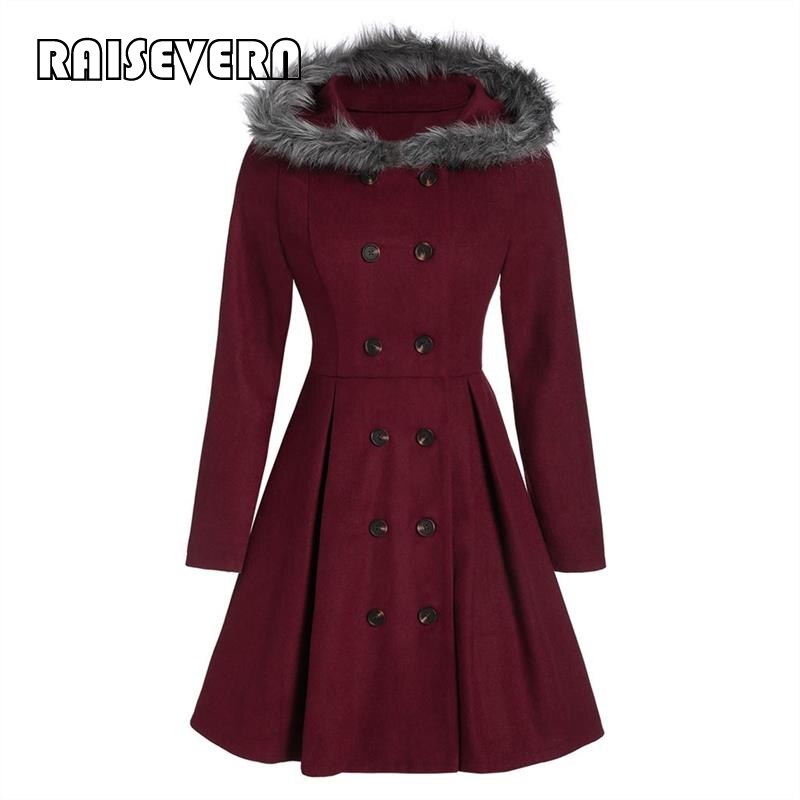 Middeleeuwse imitatiebont wollen jas met capuchon voor dames, winterjas, zwarte staande kraag, gothic jas, winterjas met dubbele rij knopen, gothic lange jas